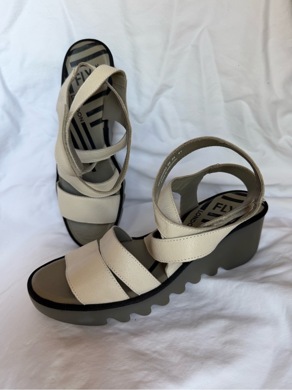 Fly London Cream and Black Platform Wedge Sandals